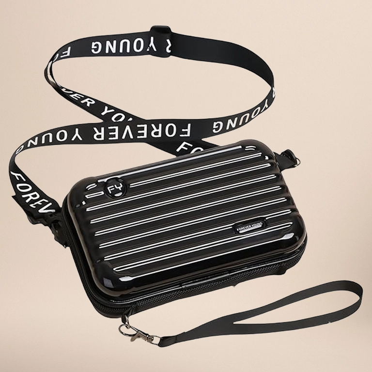 Mini Luggage Crossbody Bag - Stylish and Durable Hard Shell Travel Purse with Adjustable Forever Young Strap for Women - Black
