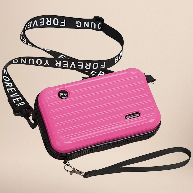 Mini Luggage Crossbody Bag - Stylish and Durable Hard Shell Travel Purse with Adjustable Forever Young Strap for Women - Pink
