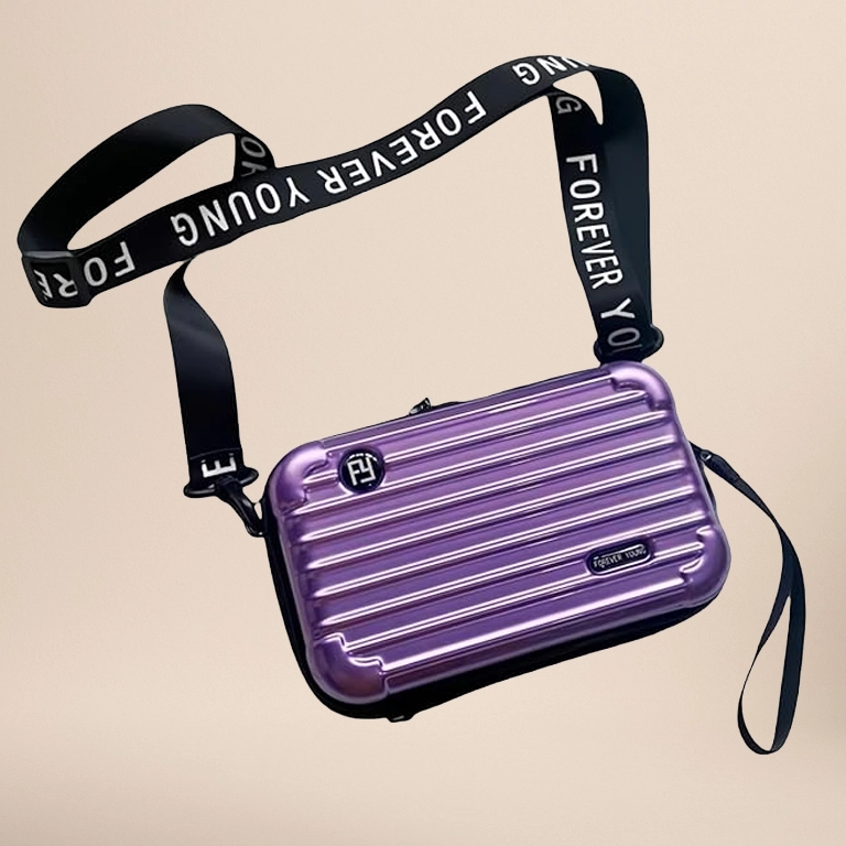 Mini Luggage Crossbody Bag - Stylish and Durable Hard Shell Travel Purse with Adjustable Forever Young Strap for Women - Purple

