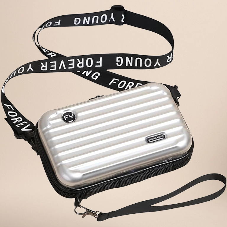 Mini Luggage Crossbody Bag - Stylish and Durable Hard Shell Travel Purse with Adjustable Forever Young Strap for Women - Light Gold

